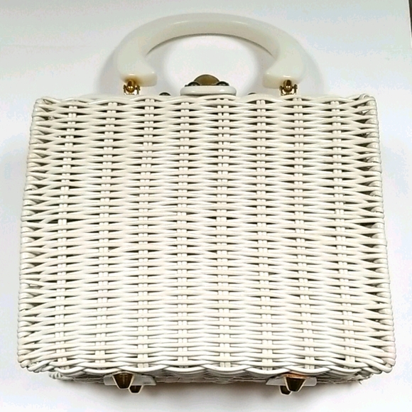 Vintage 1950s Mid Century ADELES Miami Beaded Lucite Wicker Box Bag - Picture 4 of 16